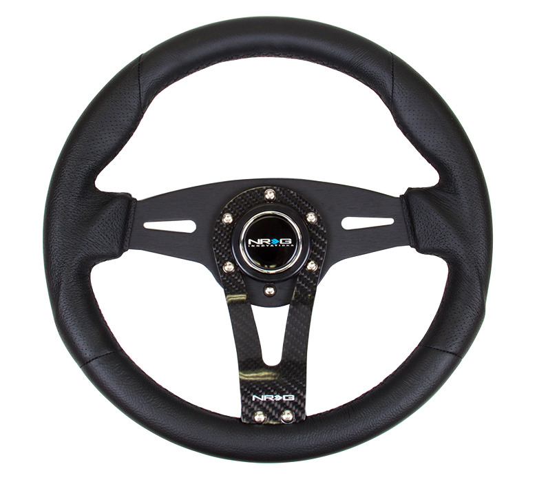 NRG ST-002RCF Black Leather Steering Wheel w/Carbon Center Spoke - Click Image to Close