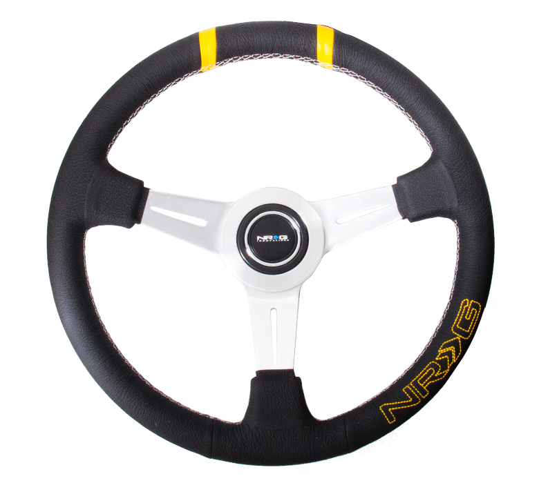 NRG ST-028BK-Y 360mm Sport Steering Wheel - Black Leather - Click Image to Close