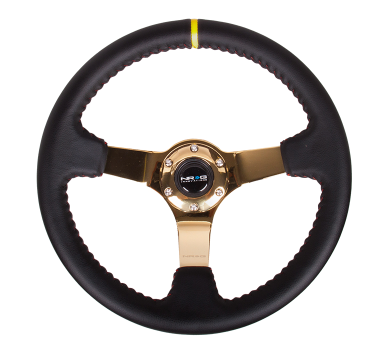 NRG ST-036GD-Y Sport Wheel 350mm - Black Leather - Click Image to Close
